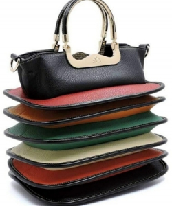 Multi-colored Vegan Leather Tote Handbag with Detachable Shoulder Strap BLACK